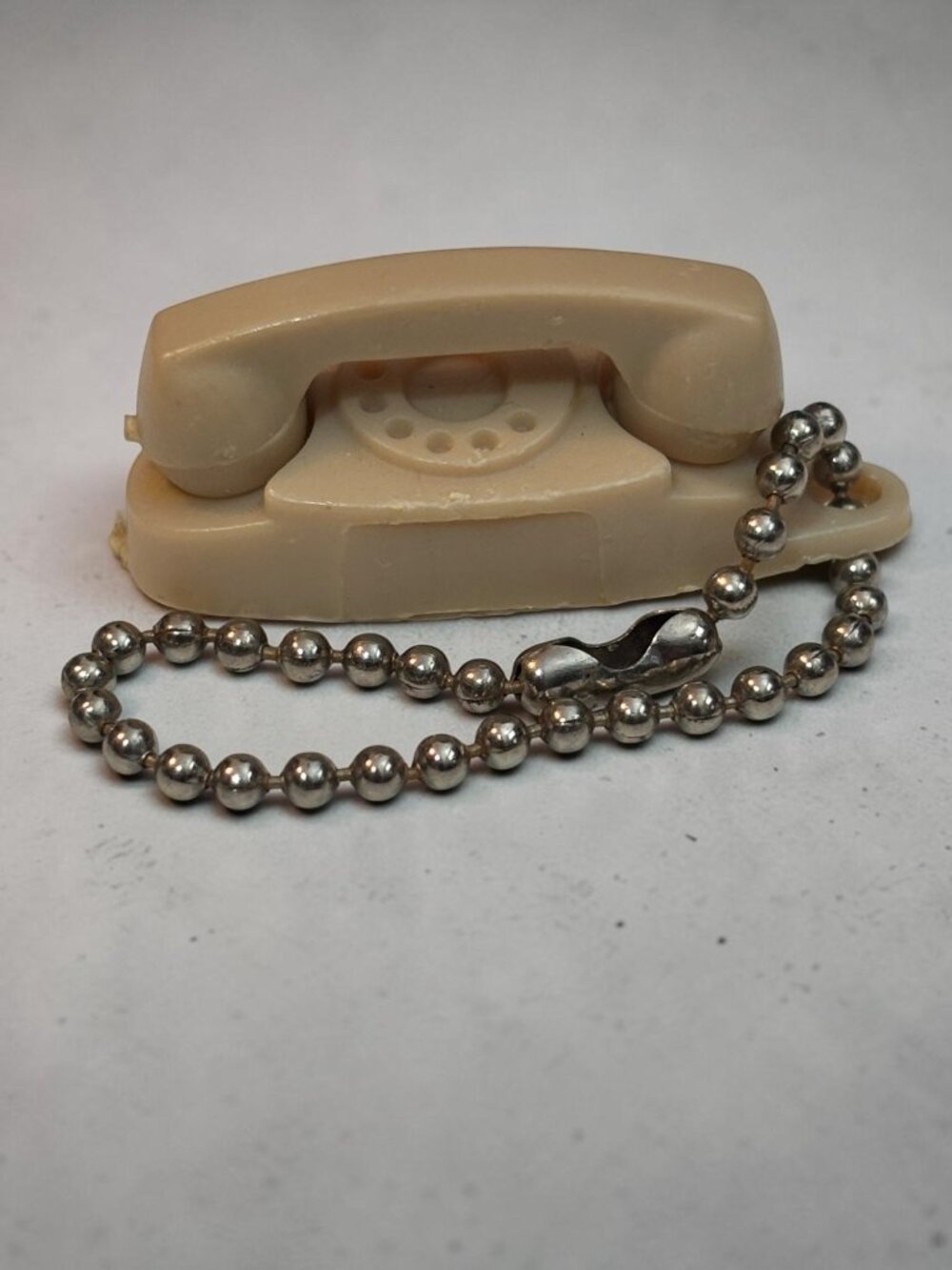 Vintage Mini Princess Phone Keychain Beige Plastic With Metal Ball Chain Retro A